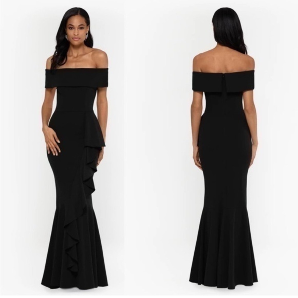 New ▶️ BETSY & ADAM ◀️ Carina Cascade Ruffle Off the Shoulder Mermaid Gown US 8